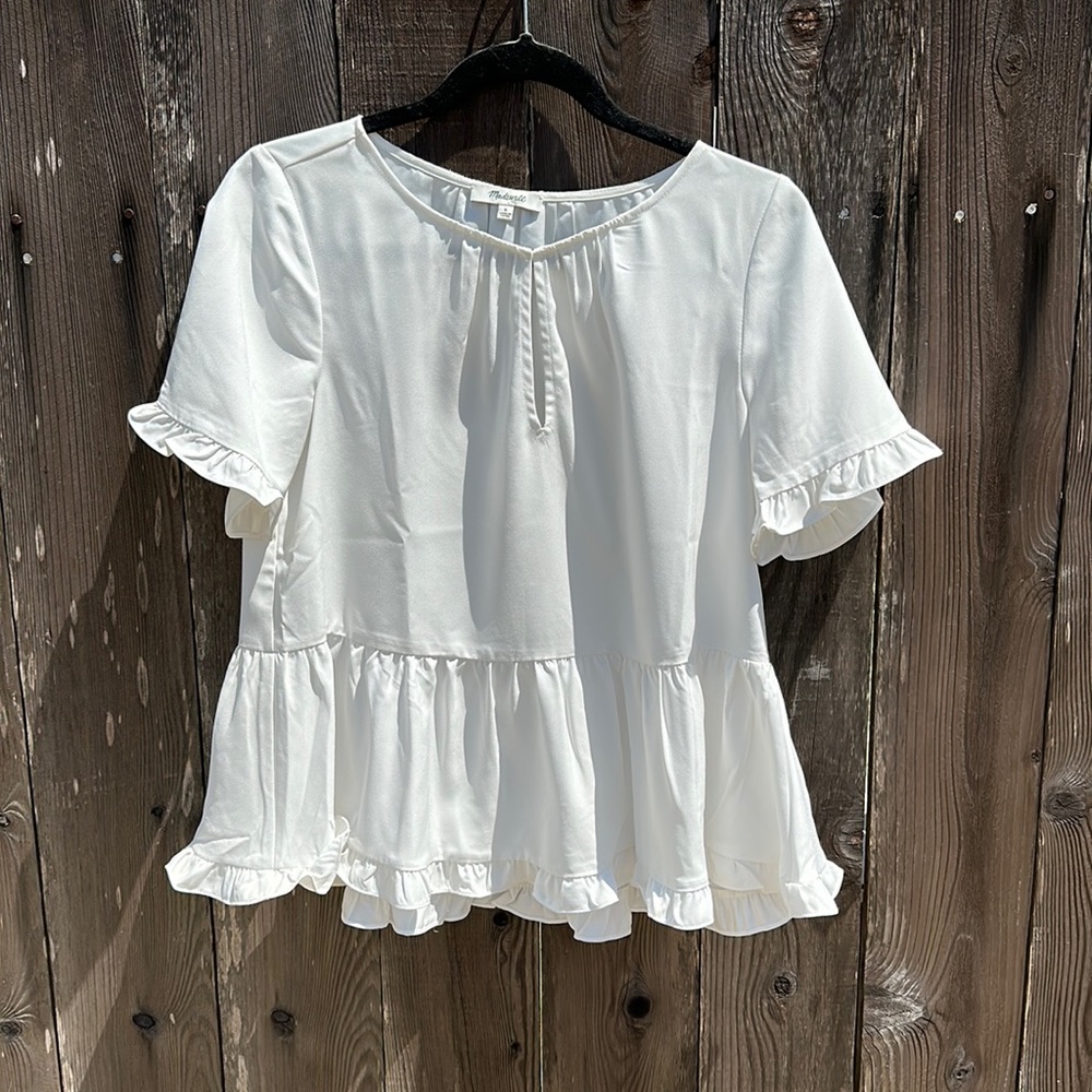 Madewell white peplum ruffle sleeve keyhole top (S)